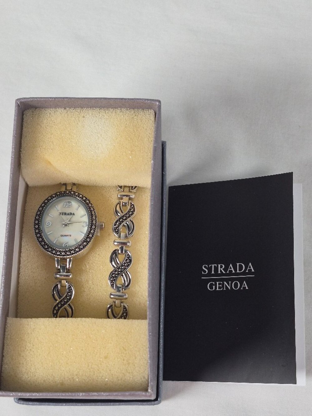 STRADA Watch And Bracelet Mother of Pearl Face Marcasite-style Infinity Silver